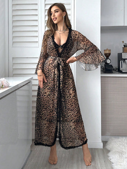 Floral Lace & Leopard Print Cami Dress & Robe Set, Pajama Set