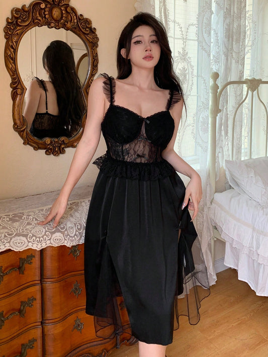 Lace Splicing Semi-Transparent Ruffle Sexy Sleepwear