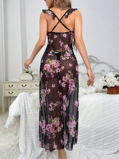 Sheer Mesh Floral Lingerie Nightgown With Front Tie