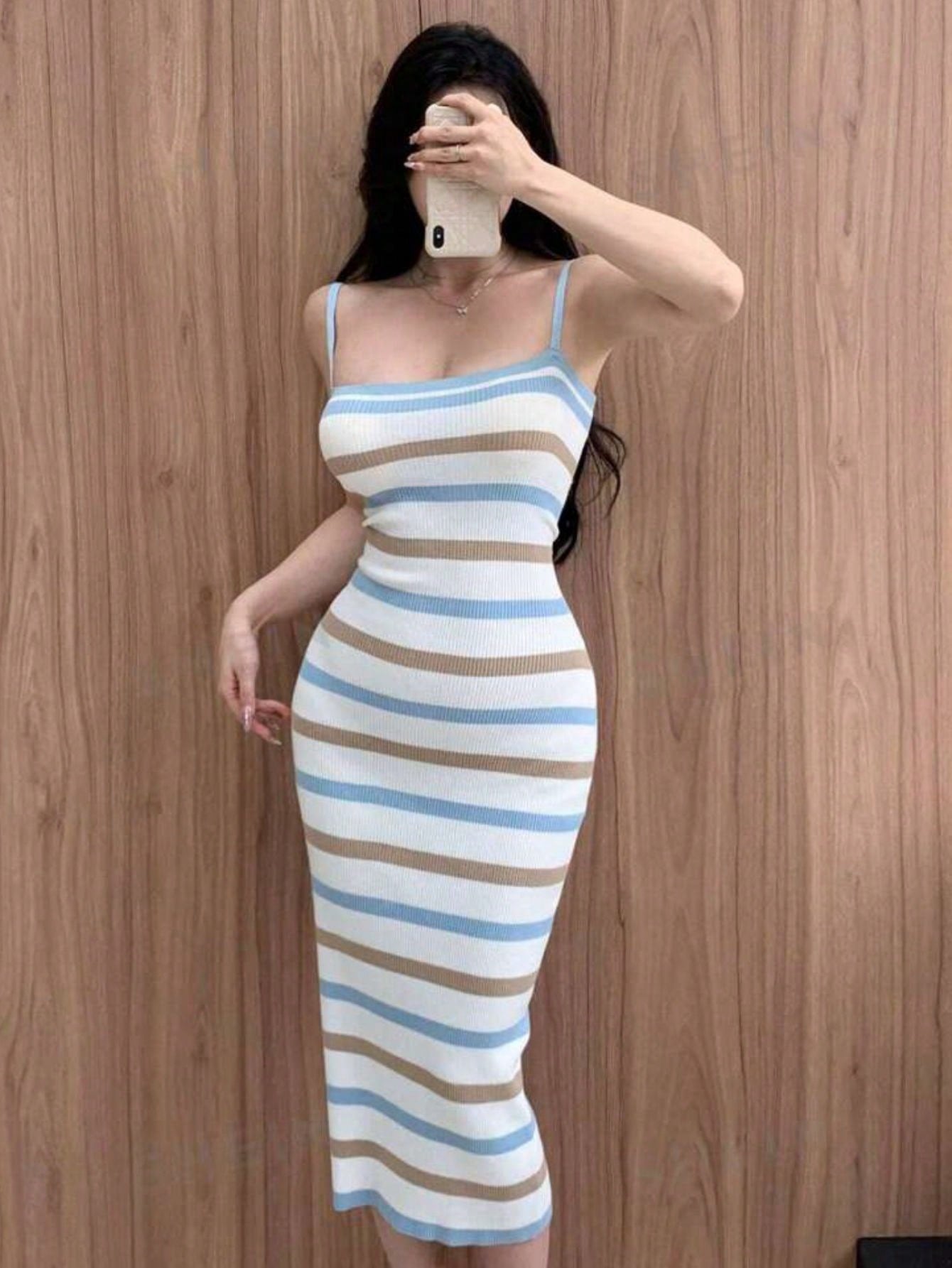 DAZY Women's Striped Spaghetti Strap Dress كاش قطن طويل