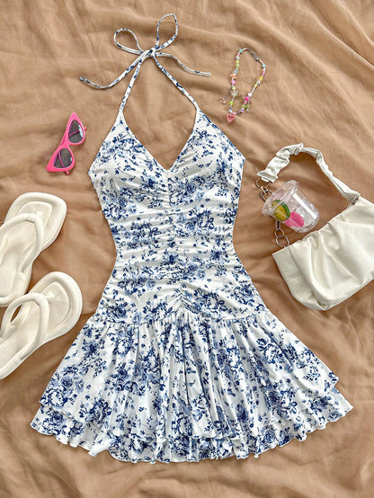 Romantic Floral Print V-Neck Front Ruched Tie-Up Sleeveless Layered Ruffle Hem Mini Dress