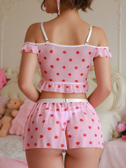 PetitDoll 3pcs/Set Women's Sexy Wireless Mesh Printed Lingerie Set