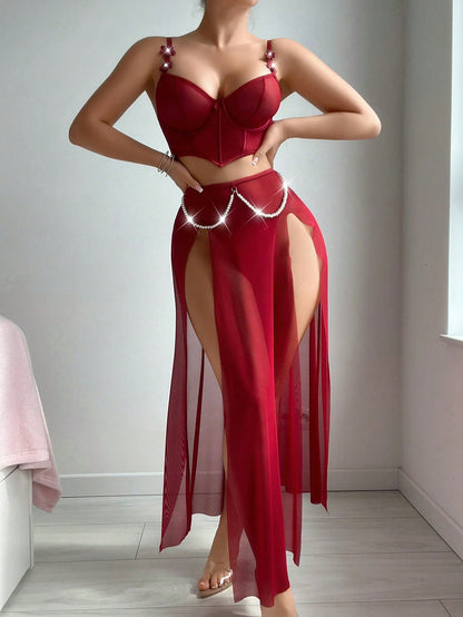 Vintage Faux Pearl Fishbone Split Top + Skirt + Thong 3-Piece Set Lingerie
