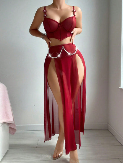 Vintage Faux Pearl Fishbone Split Top + Skirt + Thong 3-Piece Set Lingerie