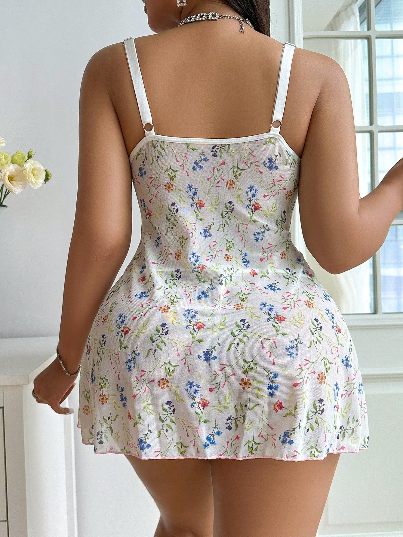 Two-Piece Plus Size Sexy Lingerie Dress Set With Mesh Print And Lace Splicing