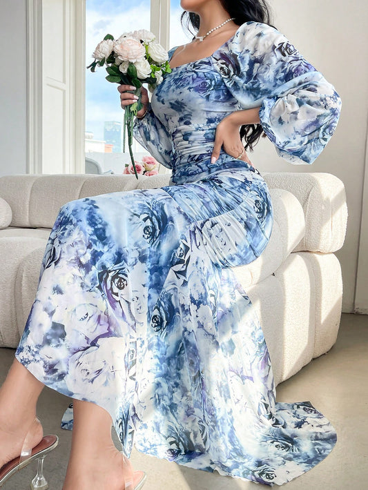 Modelyn Women's Floral Print Square Neck Ruffle Long Sleeve Dress Long Evening Dresses