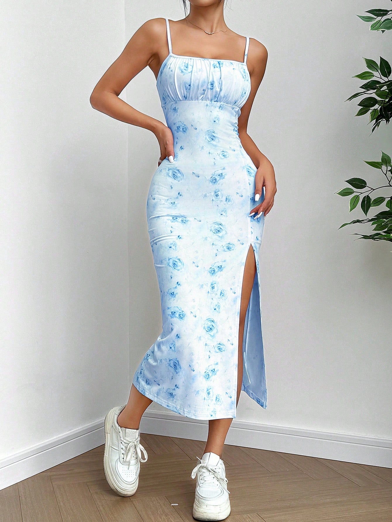 Full Floral Print Spaghetti Strap Slit Hem Bodycon