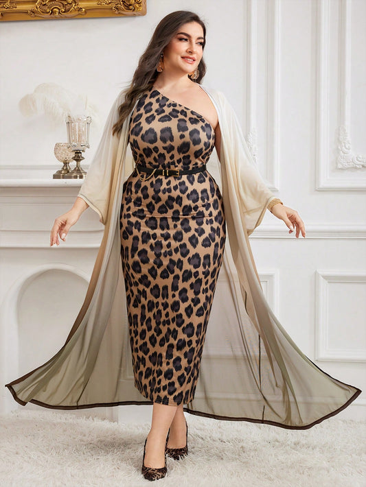Modelyn 2pcs/SetOmbre Long Sleeve Robe And Floral Print One Shoulder Sleeveless Dress