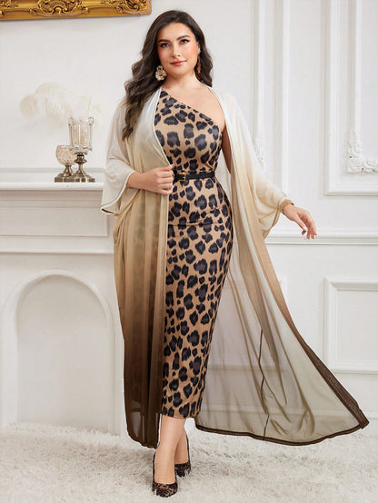 Modelyn 2pcs/SetOmbre Long Sleeve Robe And Floral Print One Shoulder Sleeveless Dress