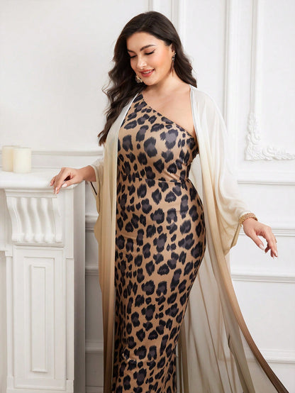 Modelyn 2pcs/SetOmbre Long Sleeve Robe And Floral Print One Shoulder Sleeveless Dress