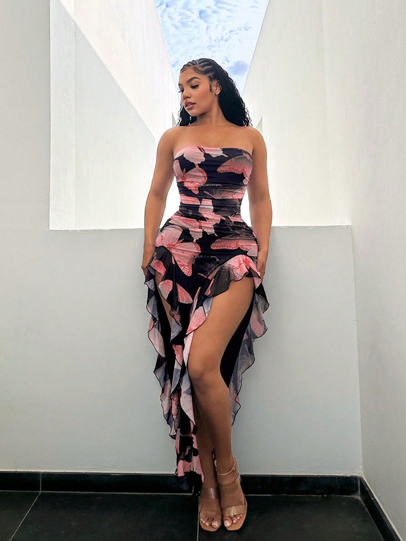 Butterfly Print Flowy Ruffle Hem Backless High Slit Fitted Dress