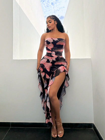 Butterfly Print Flowy Ruffle Hem Backless High Slit Fitted Dress