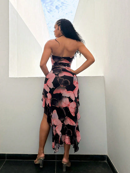 Butterfly Print Flowy Ruffle Hem Backless High Slit Fitted Dress