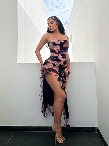 Butterfly Print Flowy Ruffle Hem Backless High Slit Fitted Dress