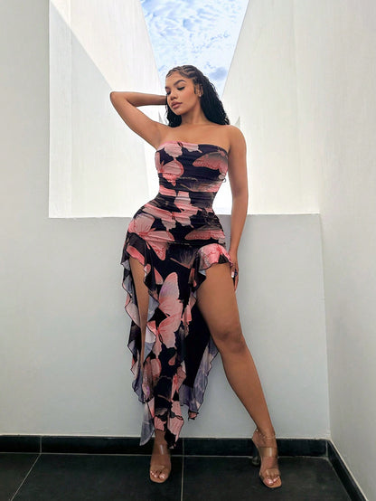 Butterfly Print Flowy Ruffle Hem Backless High Slit Fitted Dress