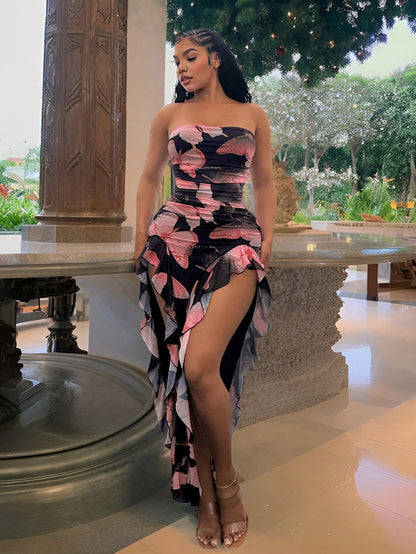 Butterfly Print Flowy Ruffle Hem Backless High Slit Fitted Dress