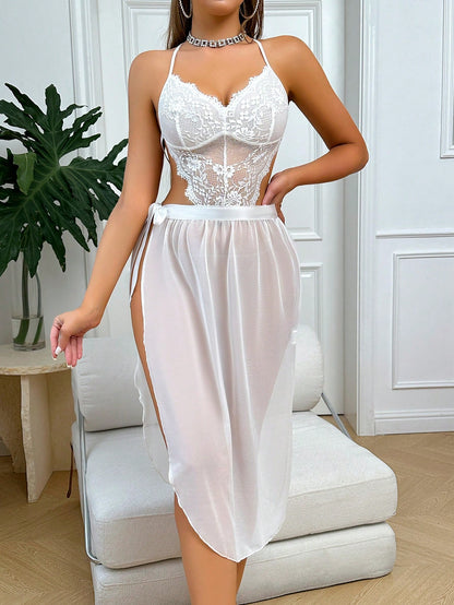Lace Patchwork Sheer High Slit Sleeveless Nightgown Babydoll Bridallingerie