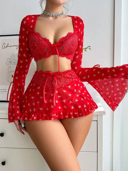 PetitDoll 3pcs Women's Sexy Lingerie Set (Front Hook Flare Sleeve Top, Thong, Mini Skirt) (Valentine's Day Collection) Bridallingerie