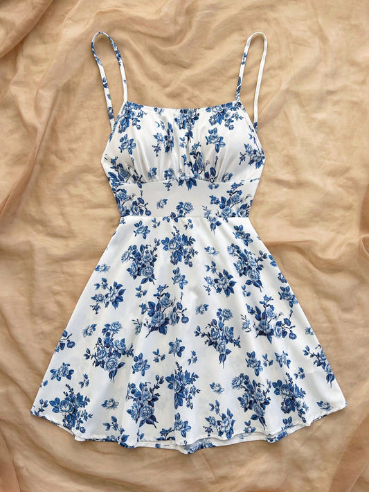 Women's Vacation Blue & White Floral Print Backless Spaghetti Strap A-Line Mini Dress