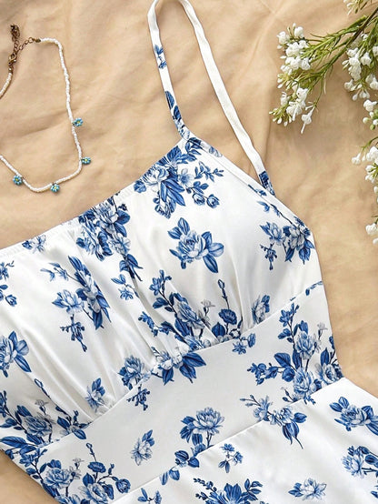 Women's Vacation Blue & White Floral Print Backless Spaghetti Strap A-Line Mini Dress