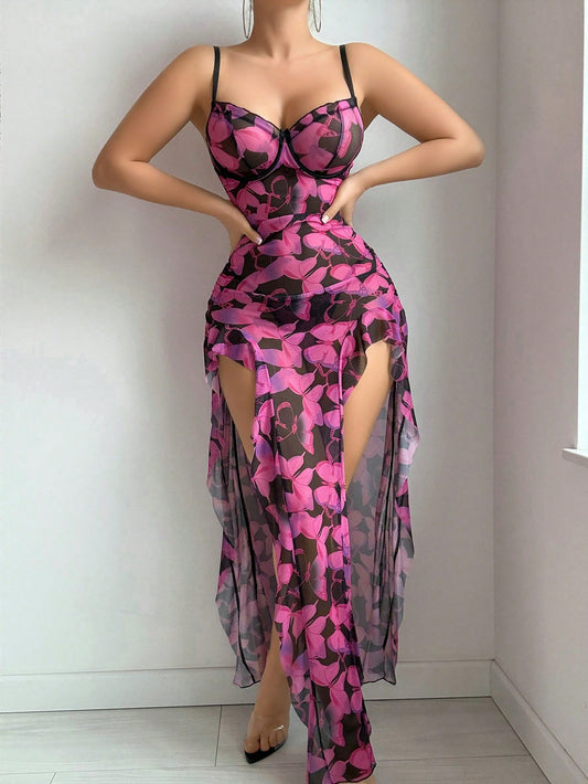 Ruffle Trim Long Dress شيفون طويل شفاف مع كب