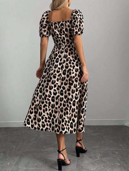 Calvaya Women's Leopard Print Thigh Slit A-Line Dress,