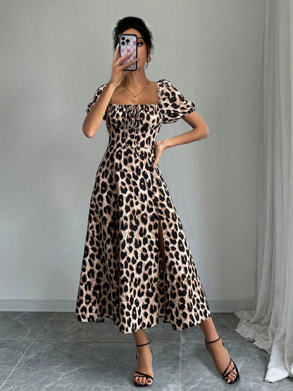 Calvaya Women's Leopard Print Thigh Slit A-Line Dress,