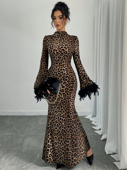 Rafferiza Women's Leopard Print Sexy Black Feather Splicing Bell Sleeves Elegant Holiday Party Autumn And Winter Mermaid Hem Long Dress