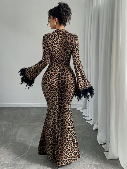 Rafferiza Women's Leopard Print Sexy Black Feather Splicing Bell Sleeves Elegant Holiday Party Autumn And Winter Mermaid Hem Long Dress
