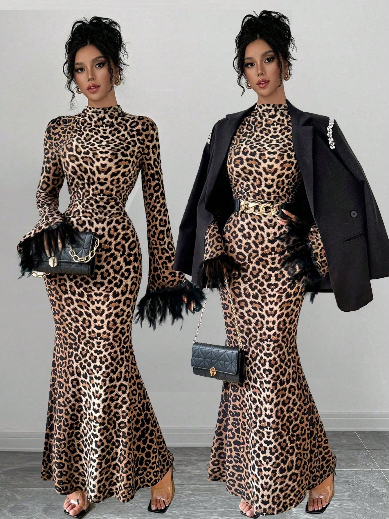Rafferiza Women's Leopard Print Sexy Black Feather Splicing Bell Sleeves Elegant Holiday Party Autumn And Winter Mermaid Hem Long Dress