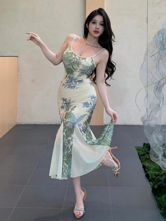 Floral Print Sleeveless Midi Dress For Women Sundress