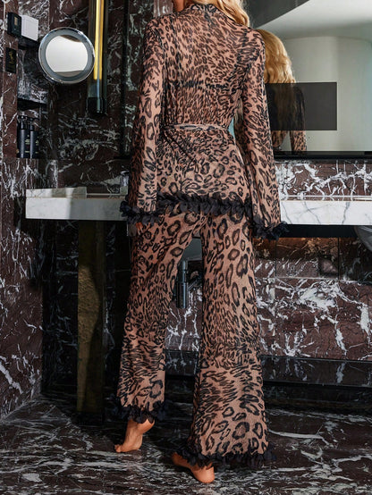 Contrast Ruffled Trim Sexy Lace Leopard Print Shirt And Pants Women Pajama Set يجامه تايجر شفافه