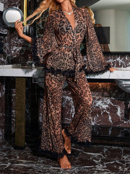 Contrast Ruffled Trim Sexy Lace Leopard Print Shirt And Pants Women Pajama Set يجامه تايجر شفافه