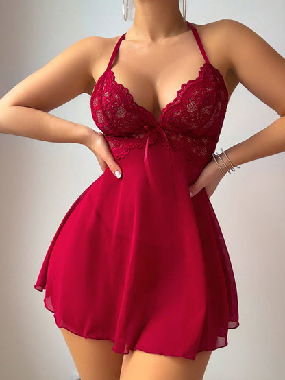 Set Sexy Lace & Mesh Backless A-Line Dress, Wine Red
