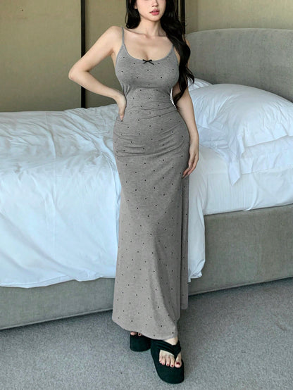 Gathered Waist Polka Dot Print Bowknot Trim Nightdress For Women