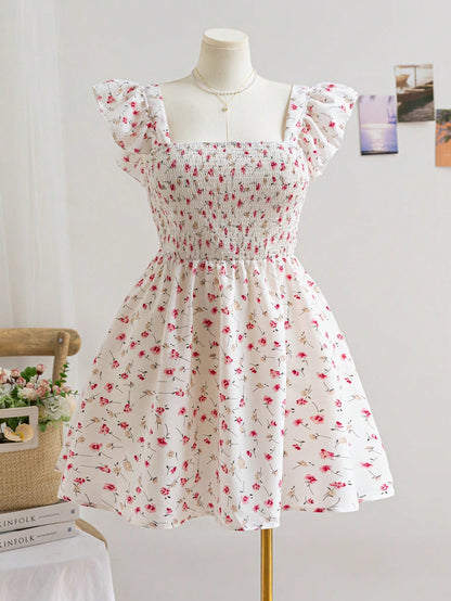Women Boho Ditsy Floral Shirred Cap Sleeve Dress, ,Holiday Outfits