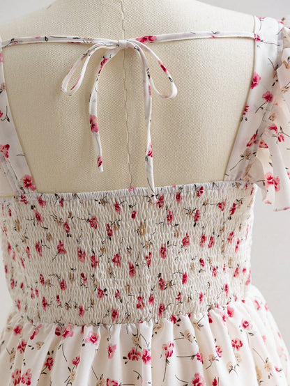 Women Boho Ditsy Floral Shirred Cap Sleeve Dress, ,Holiday Outfits