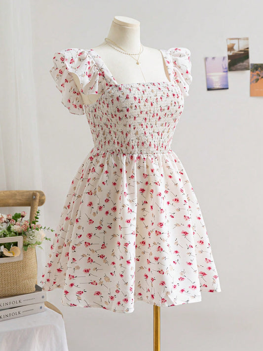 Women Boho Ditsy Floral Shirred Cap Sleeve Dress, ,Holiday Outfits