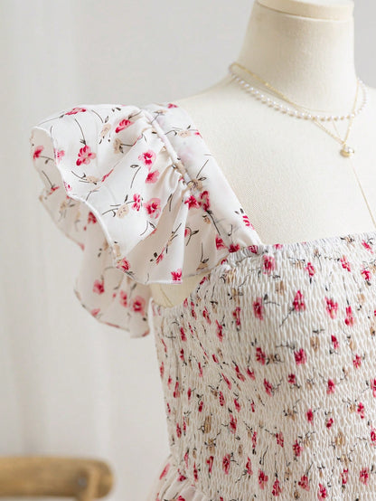 Women Boho Ditsy Floral Shirred Cap Sleeve Dress, ,Holiday Outfits