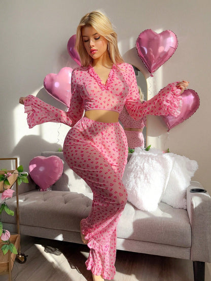 PetitDoll 2pcs Set Valentines Lace Mesh Deep V Sexy Women Lingerie