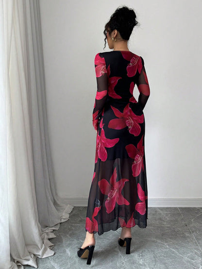 Rafferiza Romantic Mesh Floral Print Twist Front High Slit Cinched Waist V-Neck Bodycon Dress