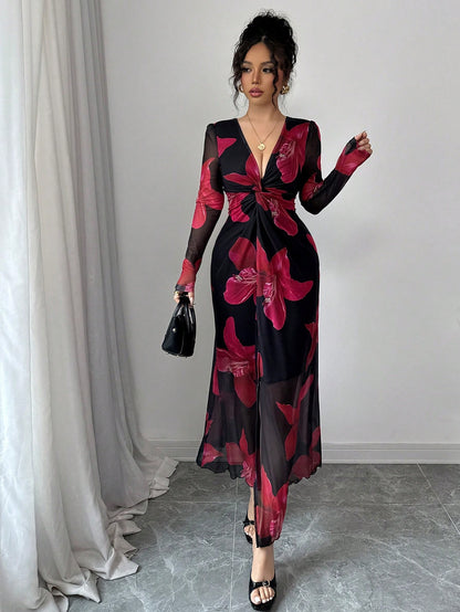 Rafferiza Romantic Mesh Floral Print Twist Front High Slit Cinched Waist V-Neck Bodycon Dress