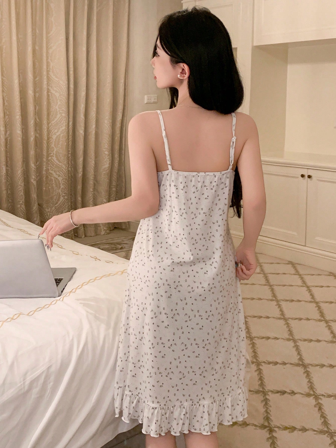 Casual Ditsy Floral Ruffle Trim Slip Dress For Women Pajama