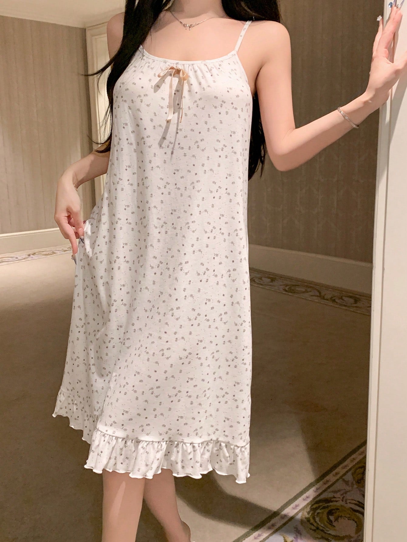 Casual Ditsy Floral Ruffle Trim Slip Dress For Women Pajama