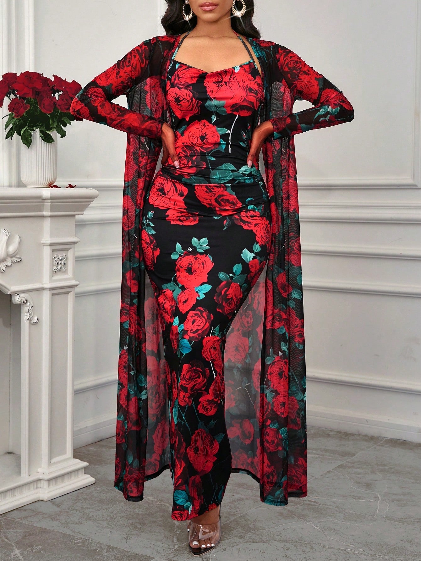 Floral Print Cami Bodycon Dress & Open Front Coat Two Pieces 2 Pieces Set