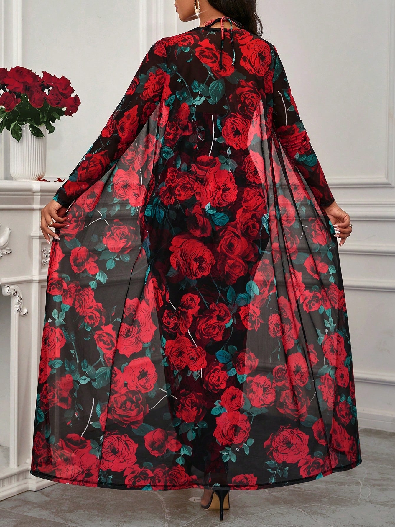 Floral Print Cami Bodycon Dress & Open Front Coat Two Pieces 2 Pieces Set