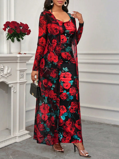 Floral Print Cami Bodycon Dress & Open Front Coat Two Pieces 2 Pieces Set