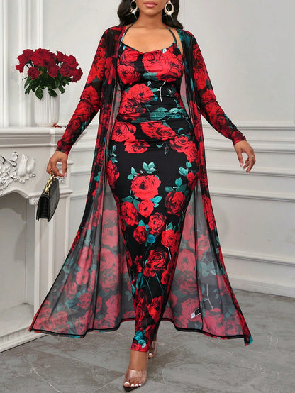 Floral Print Cami Bodycon Dress & Open Front Coat Two Pieces 2 Pieces Set