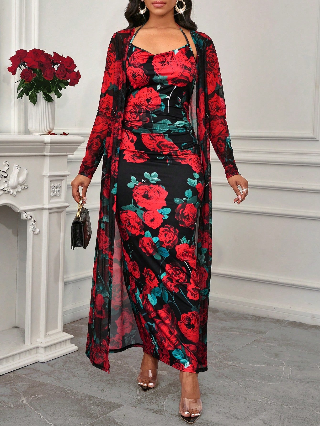 Floral Print Cami Bodycon Dress & Open Front Coat Two Pieces 2 Pieces Set