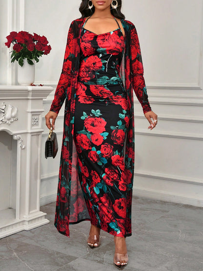 Floral Print Cami Bodycon Dress & Open Front Coat Two Pieces 2 Pieces Set